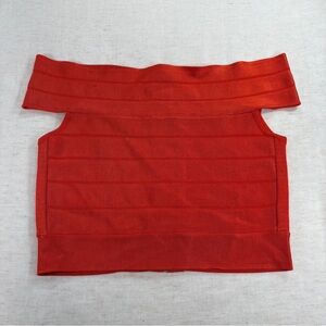 French Connection Red Solid Knit Off Shoulder Stretch Zip Crop Top Women's M